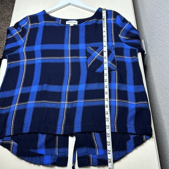 Anthropologie Cloth & Stone Blue Plaid Lace Up Back Flannel Shirt Size Medium - Picture 9 of 11